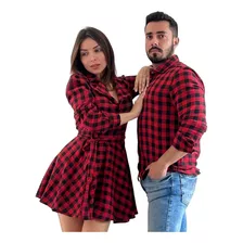 Combo Camisa Vestido Festa Junina Manga Longa Xadrez Algodão