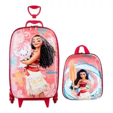 Kit Mochila 3d De Rodinhas + Lancheira Princesa Moana Rosa