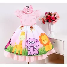 Vestido Infantil Festa Luxo Safari Rosa Imperdivel Kit Todo
