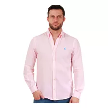 Camisa Ralph Lauren Masculina Custom Linho Blue Logo Rosa