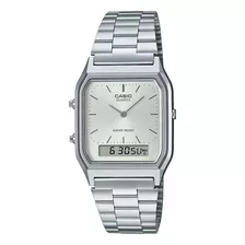 Reloj Casio Vintage Aq230a Aq-230a-7a Wr Analogo Digital Malla Plateado Bisel Plateado Fondo Plateado