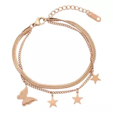 Pulsera Dama Dijes Mariposa Estrellas Oro Rosa 14k Laminado