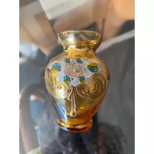 Florero De Murano Venecia Cristal Ambar Pintado Dorado