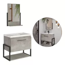 Gabinete De Banheiro Cinza Cimento Metalo 60cm Com Espelho