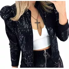 Jaqueta Bomber Blusa Manga Longa Bufante Paete Brilho Festa