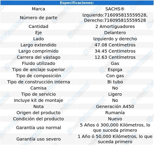 Par Amortiguadores Gas Delanteros Smart Fortwo 05-06 Sachs Foto 2