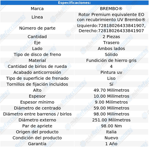 Par De Discos Slidos Traseros Mito De 2012 A 2013 Brembo Foto 2