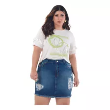 Saia Curta Jeans Plus Size Destroyed Barra Desfiada