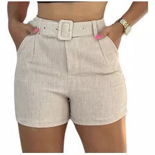 Shorts Feminino Cintura Alta Cinto Linho Bolso Lateral Novo