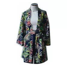 Kimono Com Faixa Marinho Floral