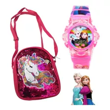 Relógio Infantil Menina Elsa Frozen Disney + Bolsa Unicórnio