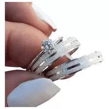 Par Aliança De Namoro Diamantada Prata 4mm + Anel Solitário