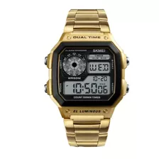 Relógio De Pulso Skmei 1335 Com Corpo Dourado, Digital, Para Masculino, Fundo Preto, Com Correia De Aço Inoxidável Cor Dourado, Subdials De Cor Preto, Subesferas Cor Cinza, Ponteiro De Minutos/segun