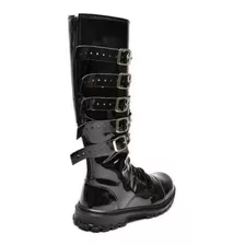 Bota Longa Dark Black Com 5 Fivelas Verniz Ou Fosca Com Nota