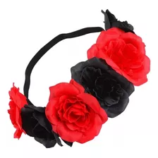 Vincha Corona De Flores Diadema Rojo Y Negro Halloween