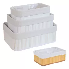 Kit 3 Cestos Organizadores De Bambu Multiuso Com Forro Cor Branco