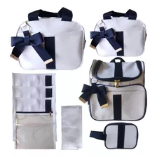 8 Peças - Bolsa Maternidade Luxo Branco Azul Mala Laço Bebê