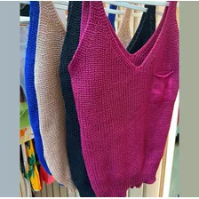 Regata Tricô Feminina Básica Com Bolsinho Regatinha Tricot