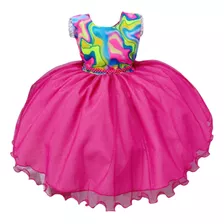 Vestido Infantil Barbie Colorido Neon Saia Pink E Glitter