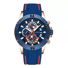 Relógio De Pulso Mini Focus Mf0244g Com Corpo Ouro Rosa, Analógico, Para Masculino, Fundo Azul, Com Correia De Silicone Cor Azul E Vermelho, Agulhas Cor Branco, Ouro Rosa E Vermelho, Subdials De Cor