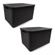 Kit 2 Caixa Organizadora Plástica C/ Tampa Rattan 40l Preto Liso