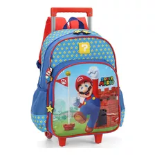 Mochila Rodinhas Super Mario Estrelas Azul Luxcel