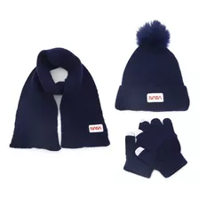 Set Gorro + Bufanda + Guantes Infantil Nasa Niños Nene Lana Color Azul Talle Única