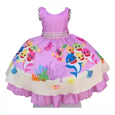 Vestido Infantil Baby Shark Luxo Cinto Pérolas E Strass