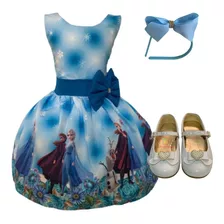 Vestido Infantil Frozen Faixa Azul Luxo + Sapatilha + Tiara