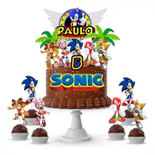  Topo De Bolo Personalizado Sonic + 10 Toppers