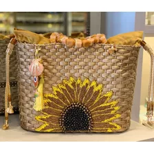 Bolsa Bag Palha Natural Girassol Bordada Moda Feminina