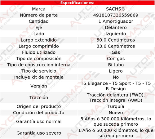 1 - Amortiguador Gas Del Izq Sachs V50 L5 2.5l Volvo 05-11 Foto 2