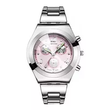 Reloj De Pulsera Longbo 8399 De Cuerpo Color Plateado, Analógico, Para Mujer, Fondo Rosa, Con Correa De Acero Color Plateado, Agujas Color Plateado, Dial Plateado, Subesferas Color Plateado Y Rosa, Mi