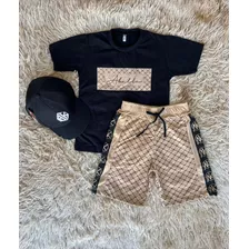 Conjunto Masculino Kit Roupa Infantil Camisa Bermuda + Boné