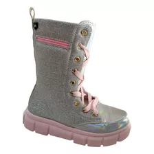 Bota Coturno Montaria Brilho Prata Worldcolors Menina Gliter