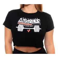 Cropped Blusinha Academia Preta Estampa - Installing Muscles