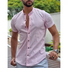 Camisa Social Casual Masculina Gola Padre Linho Premium Moda