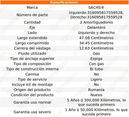 (2) Amortiguadores Gas Delanteros Smart City-coupe 04 Sachs Foto 2