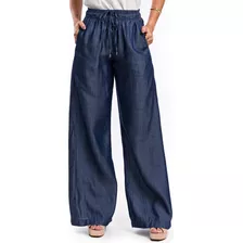 Calça Pantalona Elástico Linho E Jeans Sem Fenda Na Perna