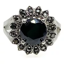 Anillo Flor Art Deco Marquesitas Y Azabache Plata 925 T:14