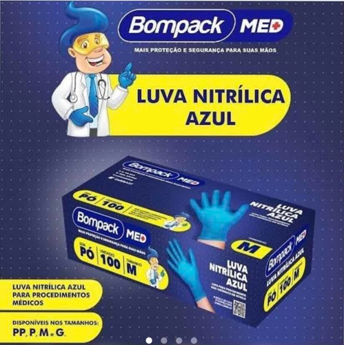 Luva Nitrilica Dentista Azul Sem Pó Bompack C/100 Unid