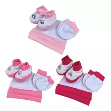 Kit Sapato Luva E Touca Bebê Bordado Para Menina 3 Kit Rosa