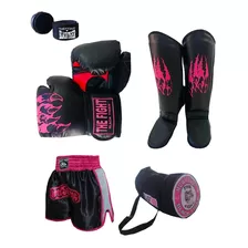 Kit Muaythai Feminino:luva Canelei.shorts Bolsa Bandag.pink