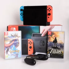 Nintendo Switch 32gb Standard Cor Vermelho-néon, Azul-néon E Preto - Com Dois Jogos - Pokémon E Zelda