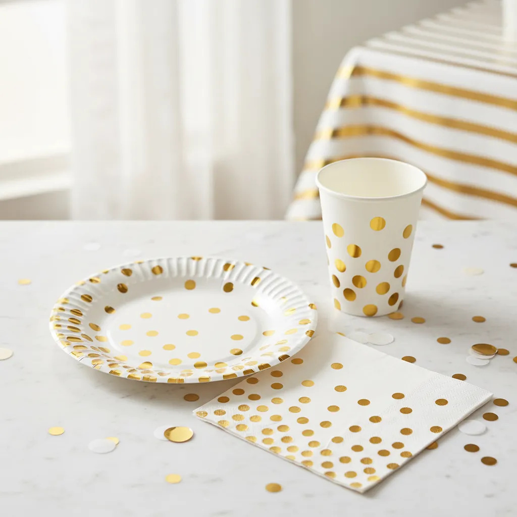 Enfiestados Kit Platos Vasos Y Servilletas Lunares Deco Mesa Blanco Y Dorado Blanco A Lunares Dorados