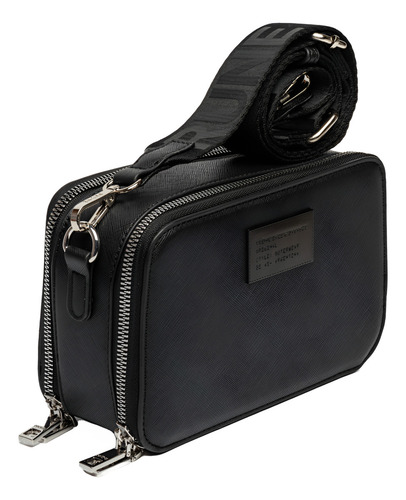 Prüne Cartera Bandolera Modelo New Penny Color Negro Cuero Acabado De Los Herrajes Níquel Diseño De La Tela Lisa