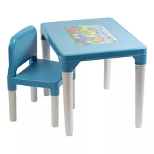 Mesa Com Cadeira Infantil Educativa Azul Dinossauros