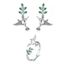 Conjunto Aros De Colibrí 925 + Anillo Pájaro Plata 925