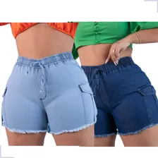 Kit 2 Short Jeans Color Plus Size Feminino Lycra Cós Alto