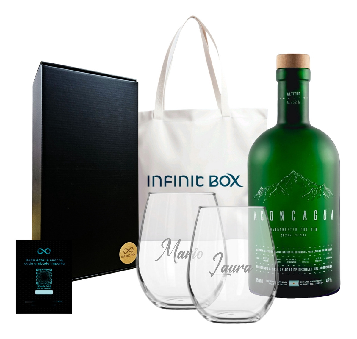 Kit Regalo Gin Aconcagua Verde 750ml Box + 2 Vasos Grabados